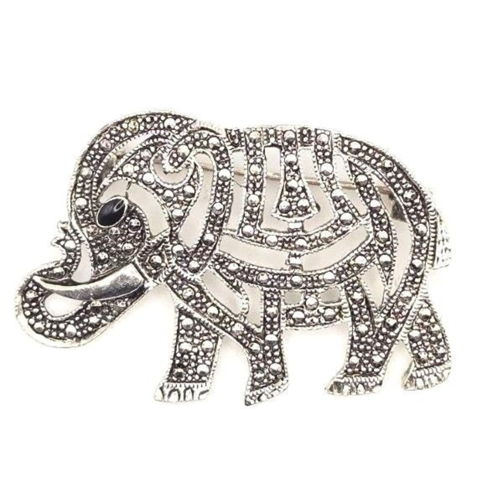 Vintage‎ 925 Sterling Silver Marcasite-Look Elephant Brooch Pin Onyx Eye 10.6g